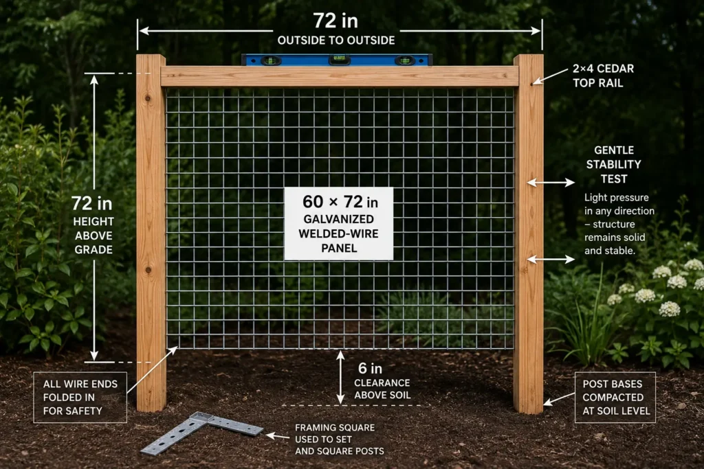 Completed cedar garden trellis checked for level, plumb posts, and protected wire edges