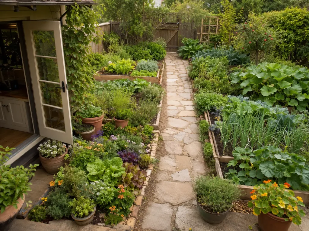 Kitchen garden layout placing frequently harvested herbs and salad greens near the kitchen door and less frequently visited crops farther away.