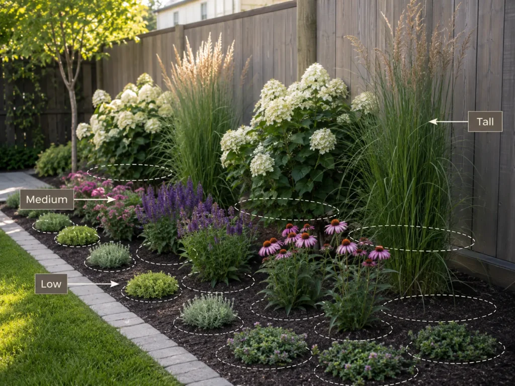 Small backyard garden bed layered with tall ornamental grasses and shrubs at the back, medium flowering perennials in the middle, and low-growing plants along the edge.