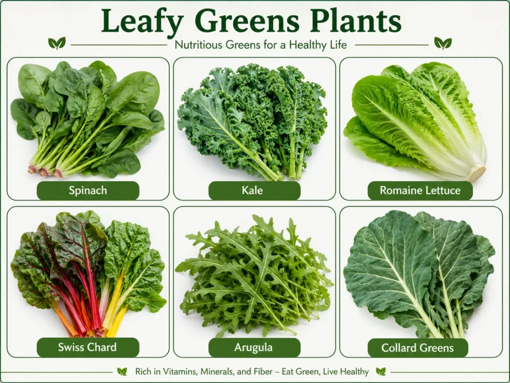 Realistic infographic showing six leafy green vegetables labeled Spinach, Kale, Romaine Lettuce, Swiss Chard, Arugula, and Collard Greens.