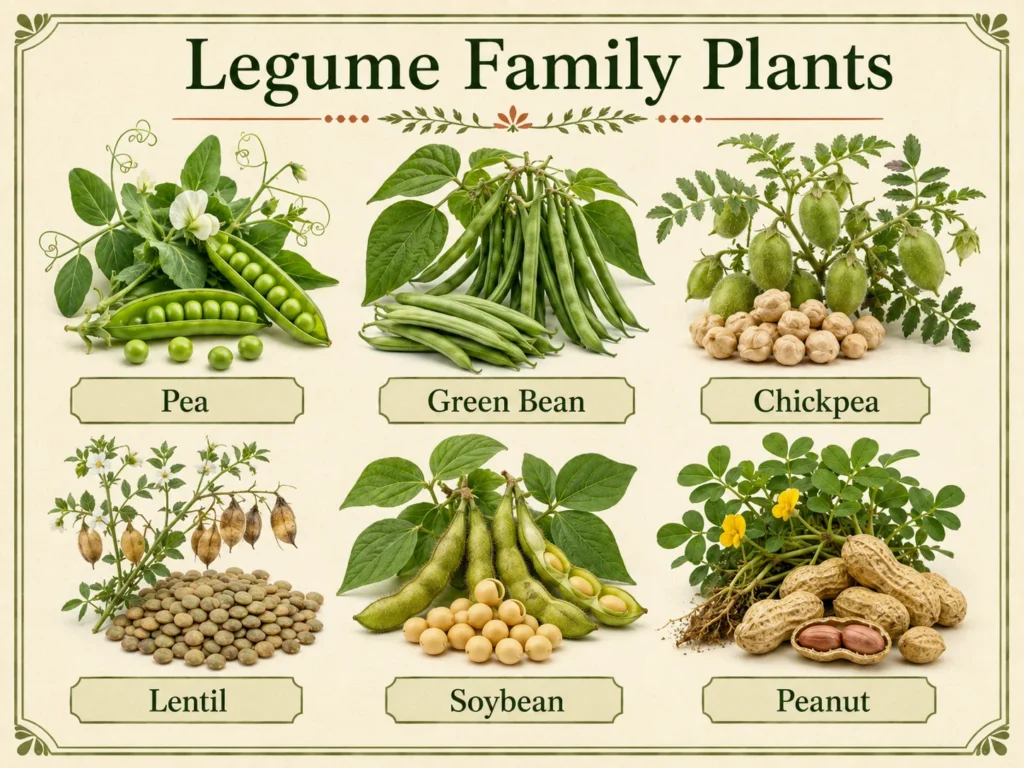 Realistic botanical infographic showing six legume family plants labeled Pea, Green Bean, Chickpea, Lentil, Soybean, and Peanut.
