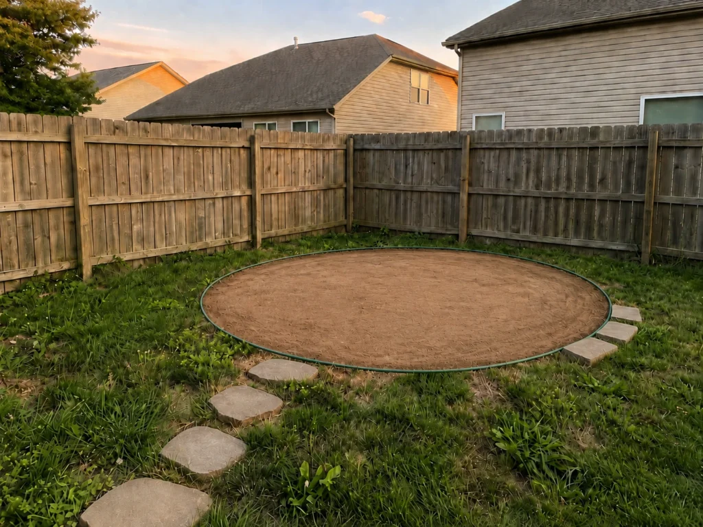 Leveled and compacted backyard fire pit area with a circular garden hose outline, smooth cleared soil, paver stones, grass border, and wooden fence before adding landscape fabric and gravel.