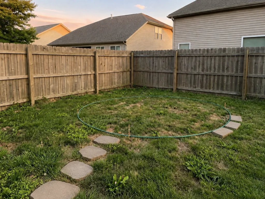 Backyard corner with a garden hose marking a circular fire pit layout, loose paver stones, patchy grass, and wooden fence before building a gravel fire pit area.