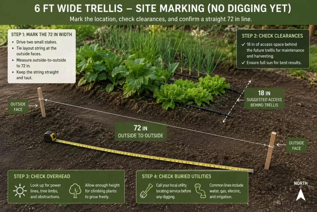 Two marked post centers defining a 72-inch trellis line beside a sunny vegetable row