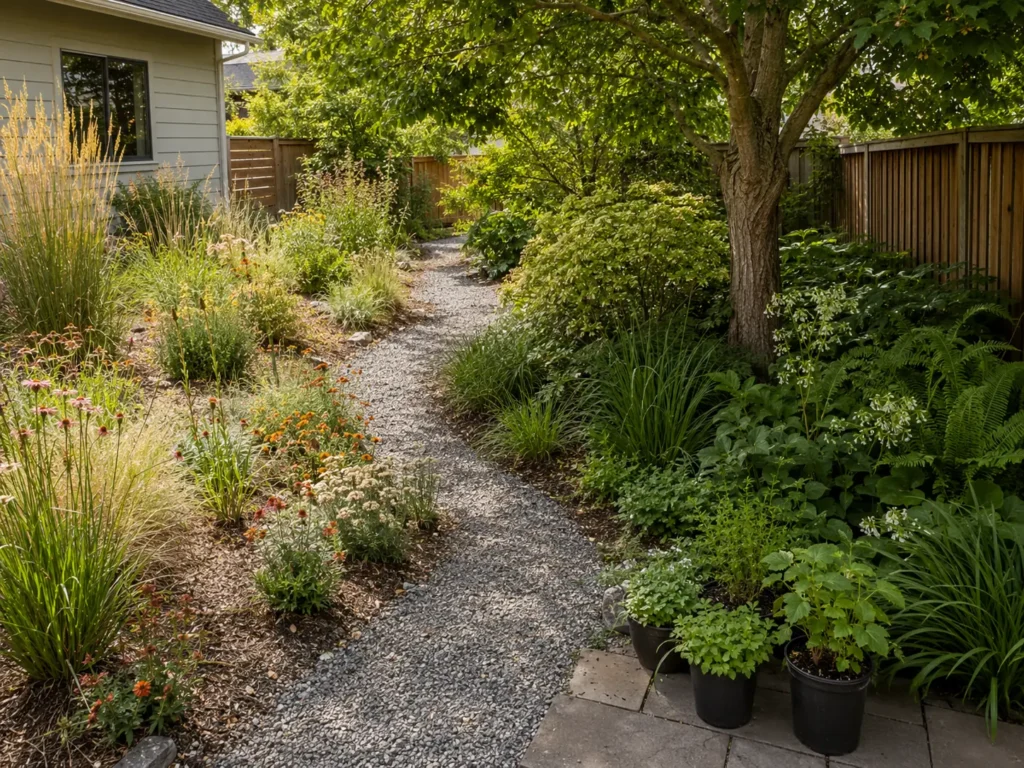 Native-plant garden with sun-loving plants in a dry border and shade-tolerant species beneath an established tree.