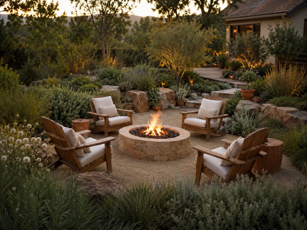 Backyard fire pit surrounded by natural landscaping, shrubs, rocks, sage green plants, wooden chairs, and warm golden evening light.