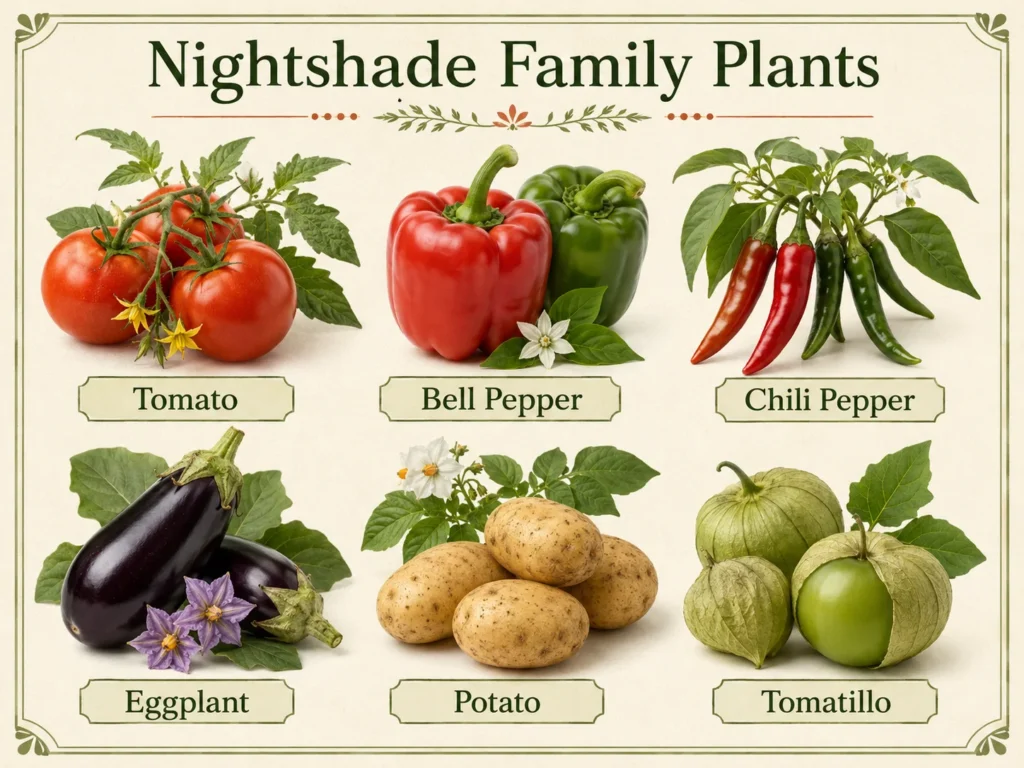 Realistic infographic showing six nightshade family plants labeled Tomato, Bell Pepper, Chili Pepper, Eggplant, Potato, and Tomatillo.