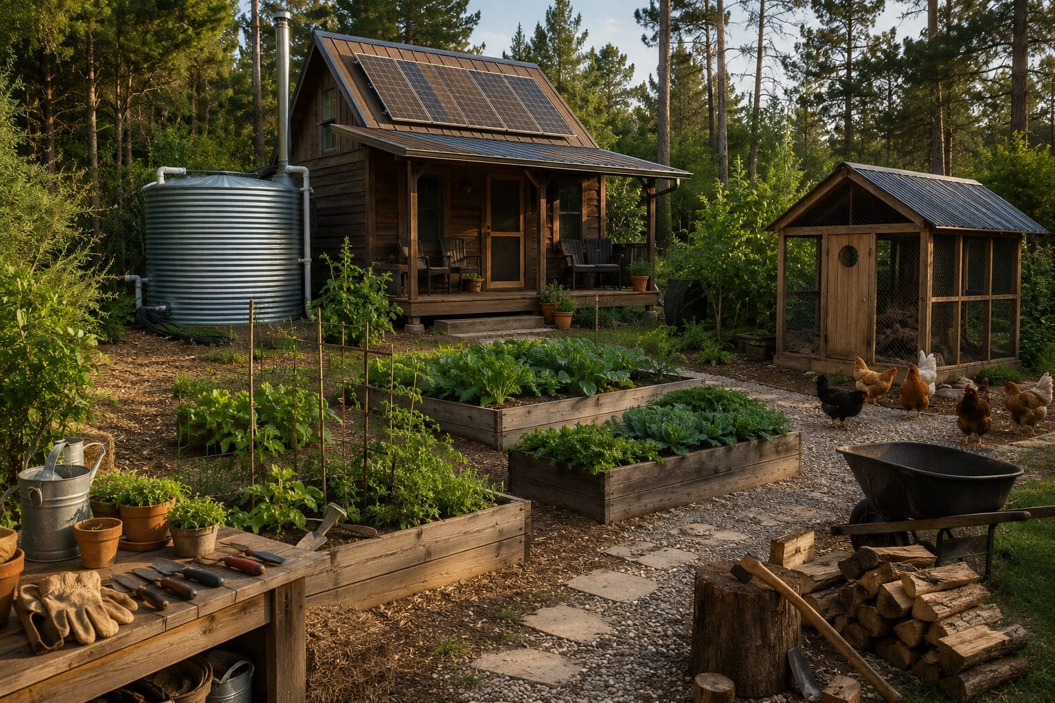 Off grid living for beginners with a small cabin, solar panels, water tank, raised garden beds, chickens, tools, and firewood.