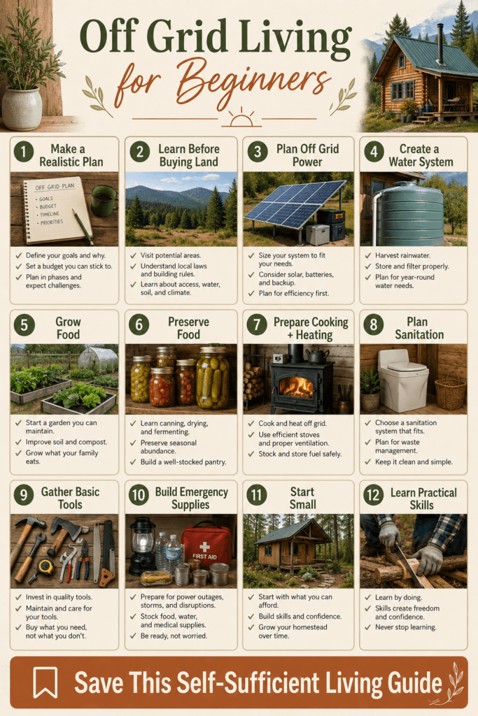 Pinterest infographic showing off grid living for beginners with 12 essential steps for power, water, food, tools, safety, and self-sufficiency.
