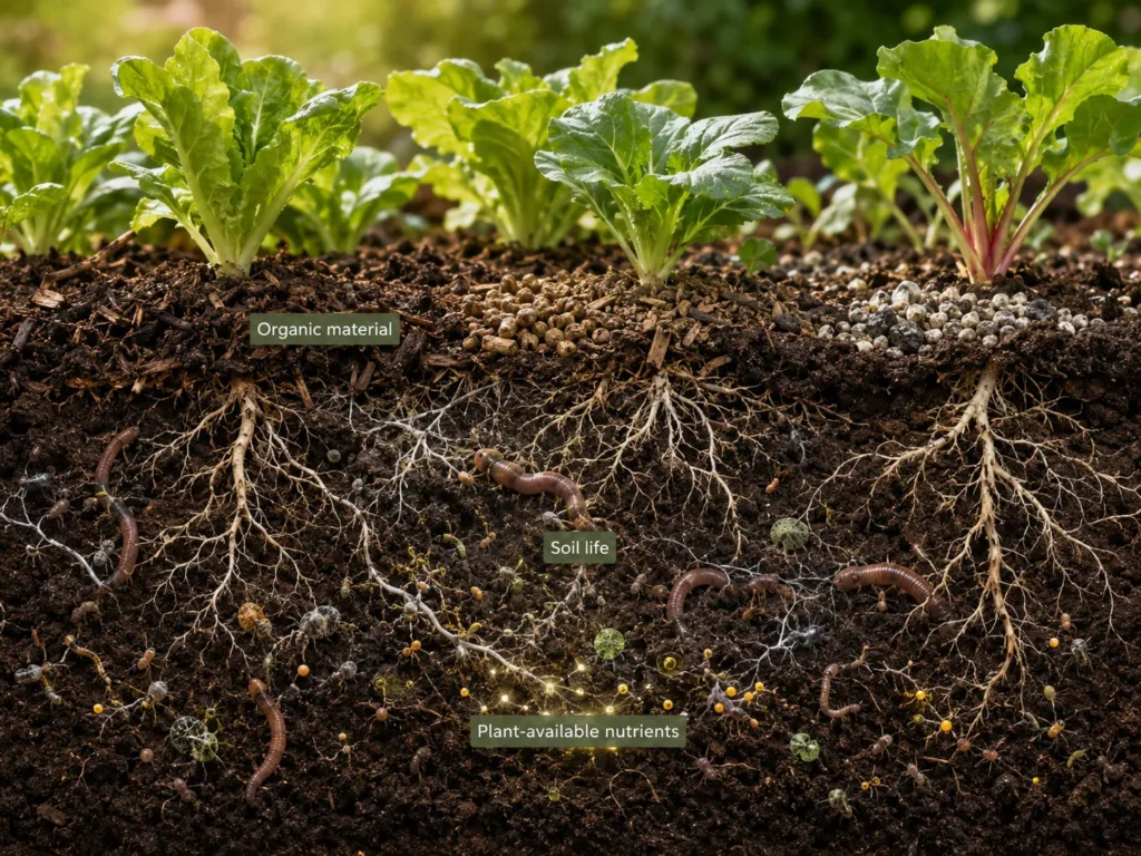 Organic fertilizer materials being broken down by soil organisms before their nutrients become available to vegetable roots.