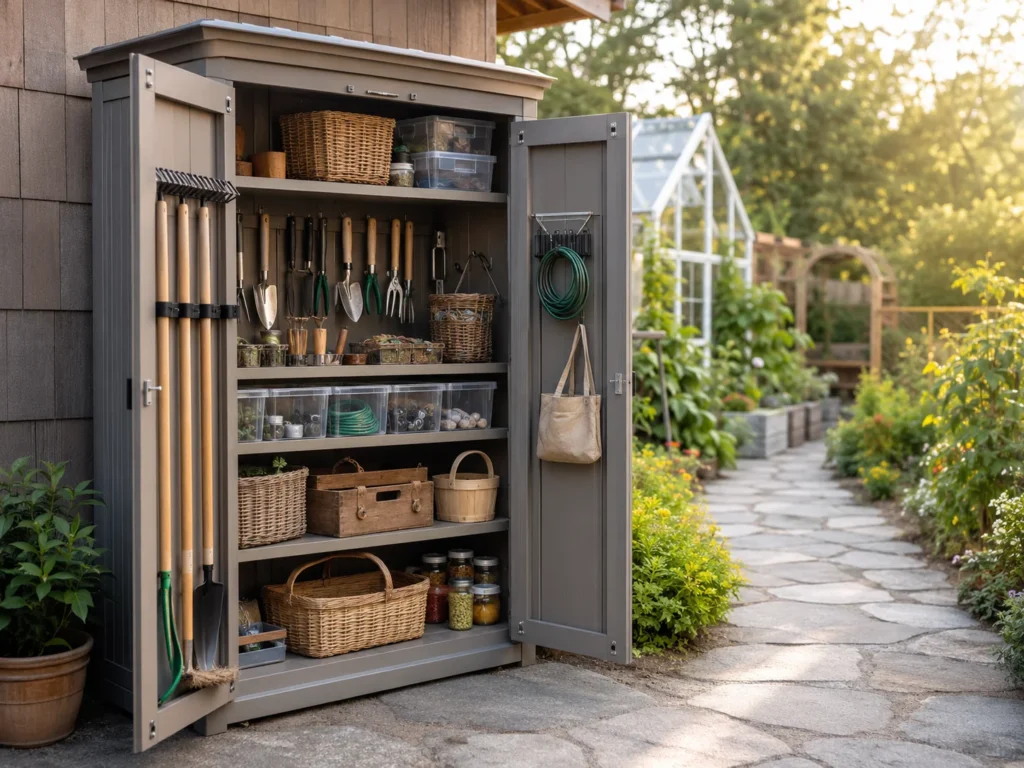 Weather-resistant garden cabinet organizing tools, irrigation parts, baskets, and seed supplies.