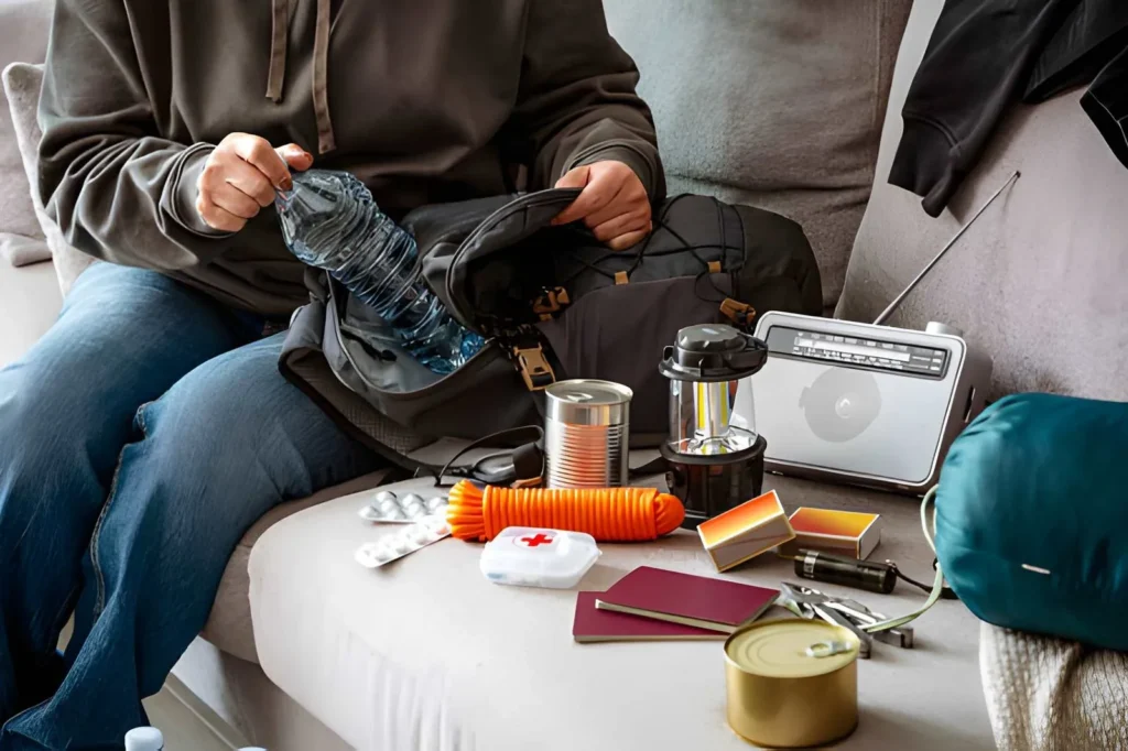 Person packing an evacuation bag with drinking water, canned food, a weather radio, lantern, first-aid supplies, rope, flashlight, and important documents for a homestead storm and power outage.