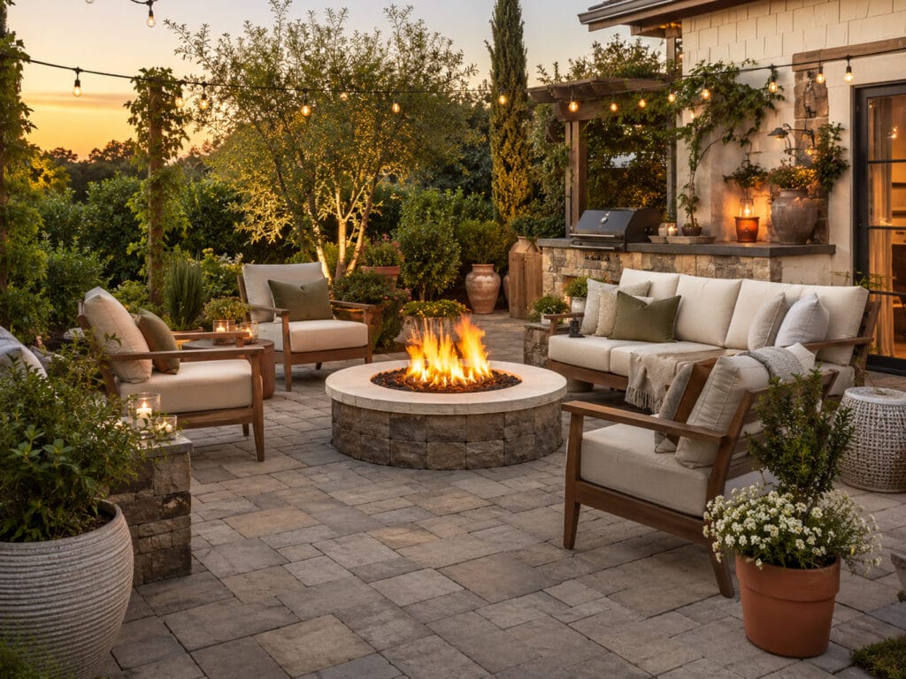 Elegant paver patio fire pit area with outdoor seating, string lights, natural wood furniture, terracotta pots, and cozy evening atmosphere.