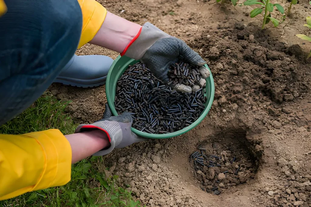 Gardener applying pelletized fertilizer to planting holes, demonstrating one of the practical organic fertilizer types used to feed garden plants.