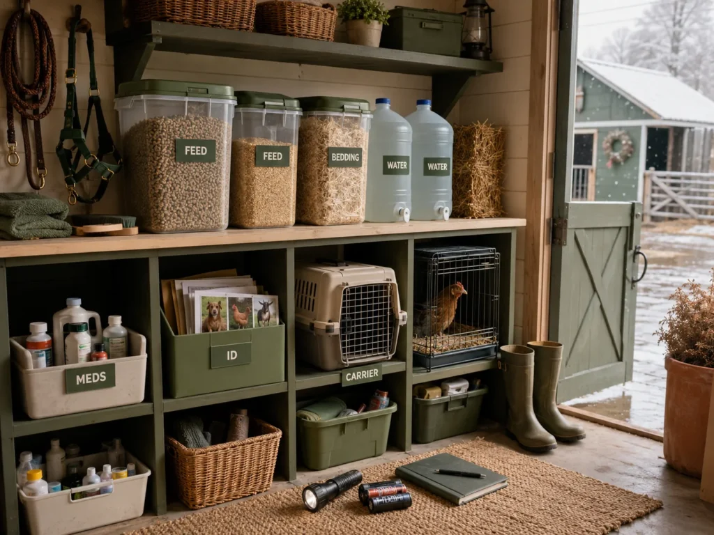 Organized emergency supplies for pets, poultry, and livestock, including protected feed, water, medications, bedding, carriers, leads, identification records, sanitation items, and animal-care instructions for a homestead storm or power outage.