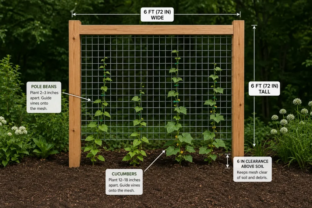 Young bean and cucumber vines loosely trained onto a six-foot welded-wire trellis