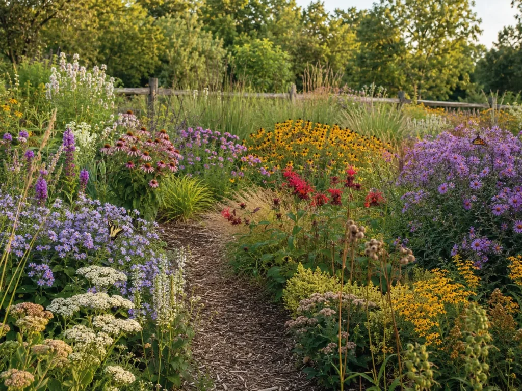 Pollinator garden with diverse flower groups and overlapping bloom periods providing nectar and pollen across the growing season.