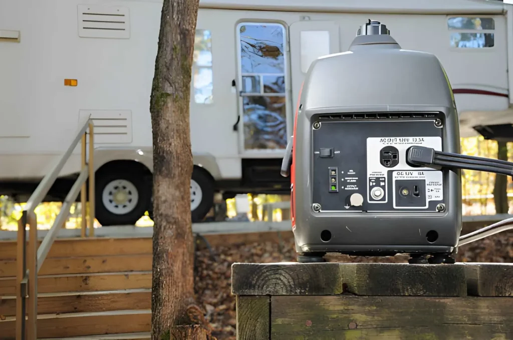 Portable generator positioned outdoors near a camper, illustrating backup-power preparation for a homestead storm and extended power outage.