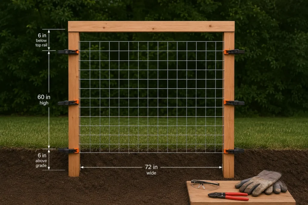Sixty-by-seventy-two-inch welded-wire panel centered on the cedar trellis frame