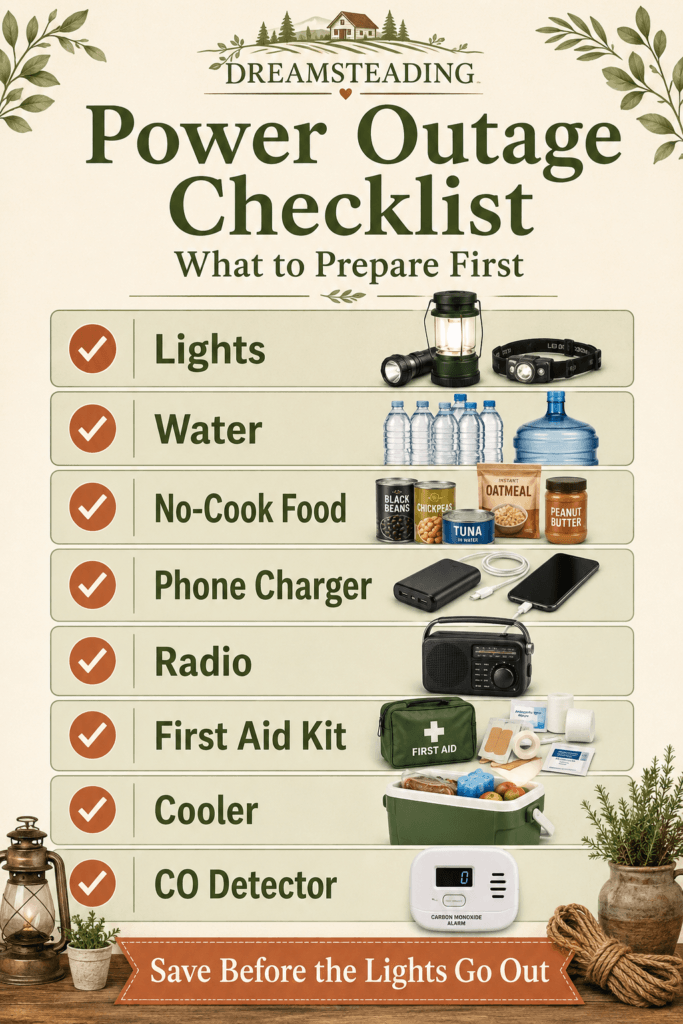 Power outage checklist infographic with lights, water, food, phone charging, radio, first aid, and safety supplies.