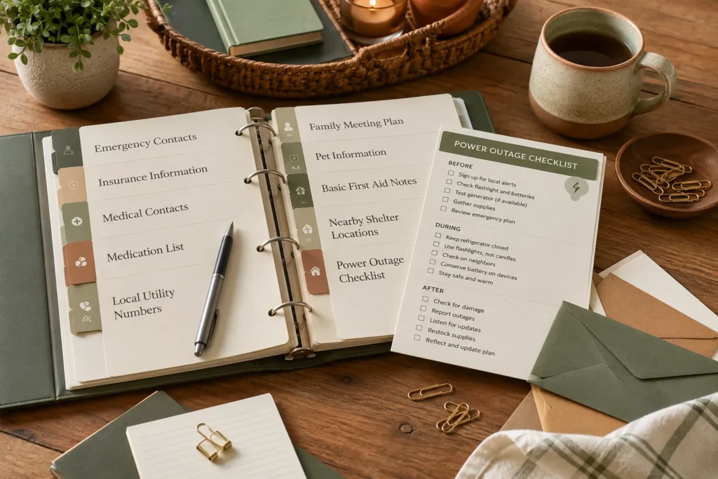Power outage emergency information binder with printed emergency contacts, insurance information, medical contacts, utility numbers, family meeting plan, shelter locations, and a power outage checklist on a wooden table.