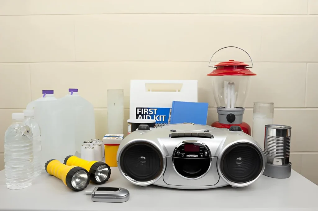 How to Prepare for a Power Outage with emergency supplies arranged on a table, including flashlights, water jugs, battery radio, lantern, first aid kit, batteries, candles, and canned food for home preparedness.