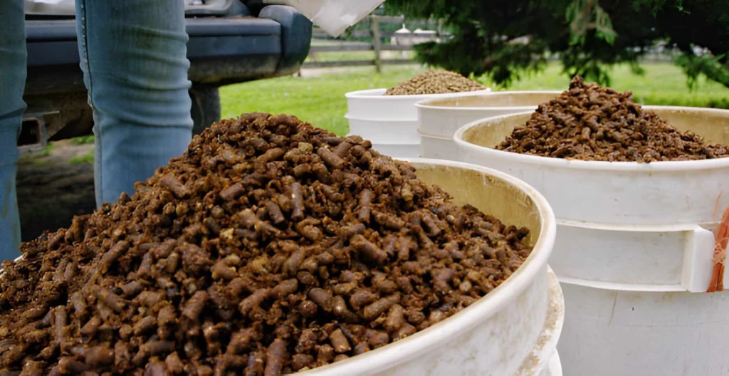 Buckets filled with processed manure pellets, showing manure-based products as common organic fertilizer types for garden soil.