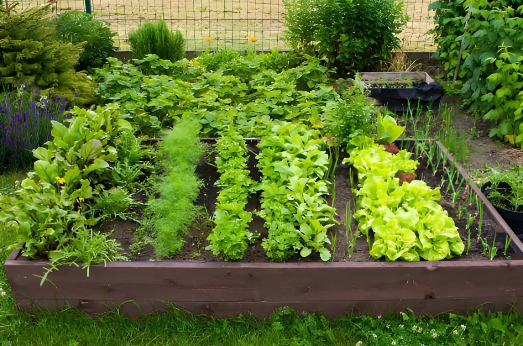Productive raised vegetable bed filled with lettuce, leafy greens, carrots, onions, and herbs in a compact small backyard garden.