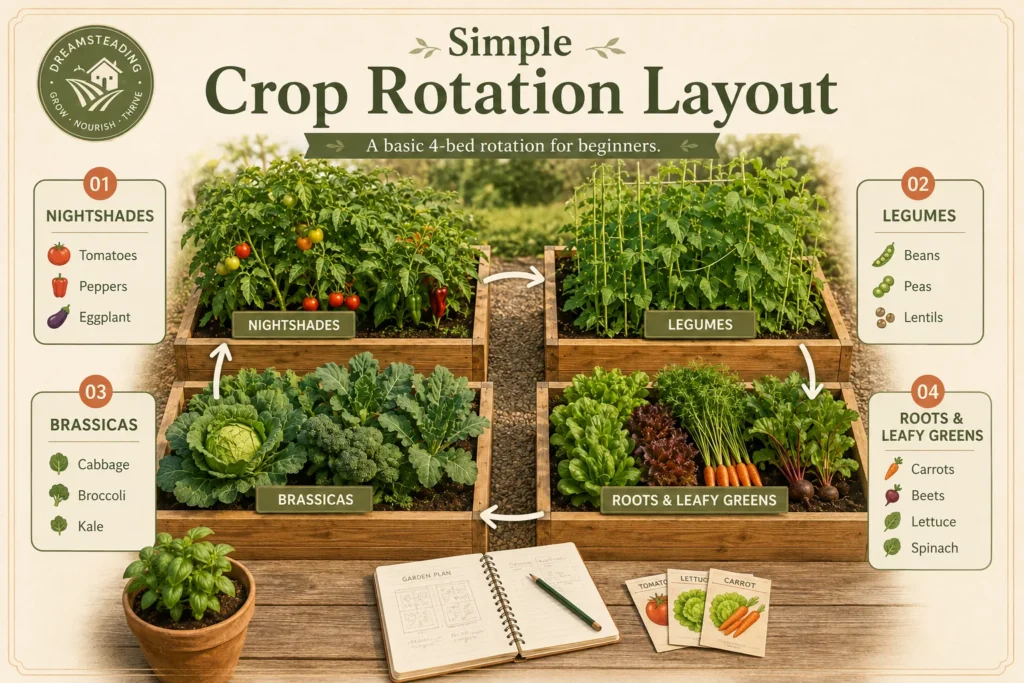 Raised bed crop rotation layout with four garden beds labeled nightshades, legumes, brassicas, roots, and leafy greens.