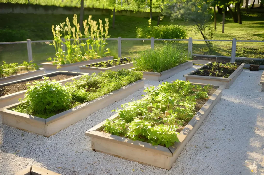 Neatly arranged raised beds filled with vegetables and herbs, illustrating organized garden types with accessible gravel pathways.