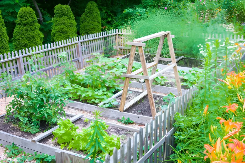 Fenced raised-bed vegetable garden with a wooden trellis, leafy crops and flowers, illustrating productive garden types for growing food at home.