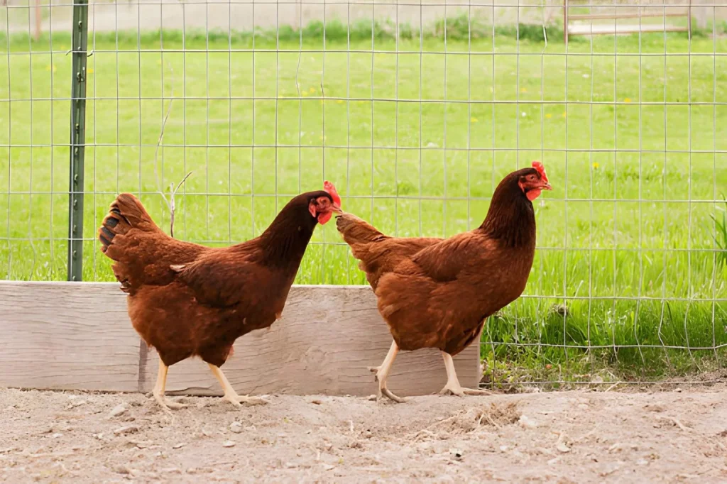Two Rhode Island Red hens walking inside a fenced backyard chicken run with green grass, wire fencing, and a clean outdoor coop area for beginner backyard chicken keeping.