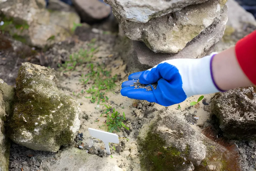 Gardener holding crushed rock phosphate near garden soil, showing one of the slow-release mineral organic fertilizer types.