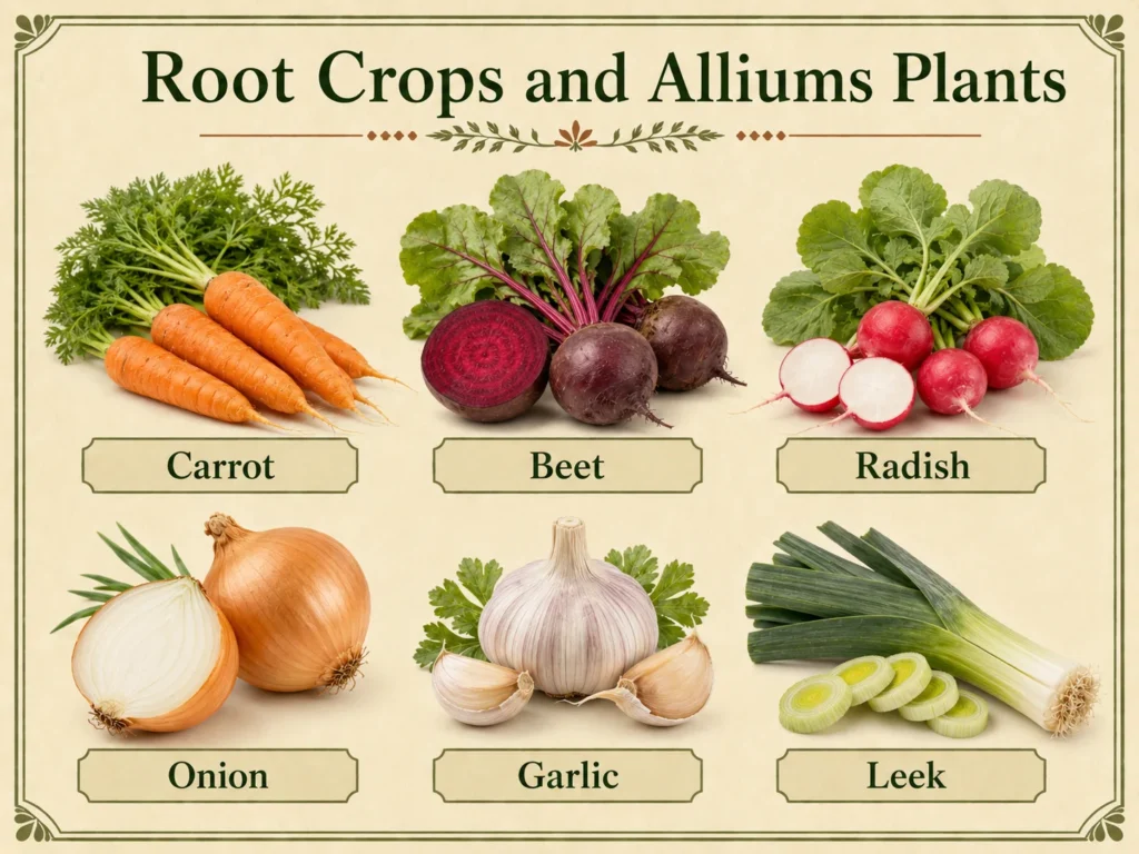 Realistic botanical infographic showing six root crops and alliums labeled Carrot, Beet, Radish, Onion, Garlic, and Leek.