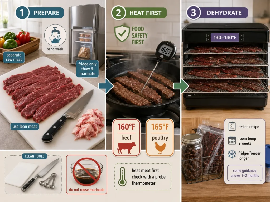Step-by-step jerky safety infographic showing clean preparation, refrigerated marinating, heating meat to a safe internal temperature, dehydrating at 130–140°F, and proper storage.