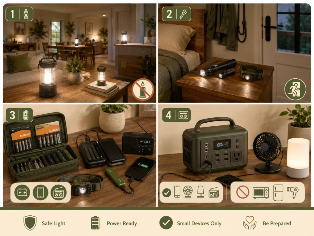 Infographic showing battery lanterns, flashlights, a headlamp, organized batteries, power banks, a weather radio, and a portable power station for safe lighting and small-device power during a storm outage.