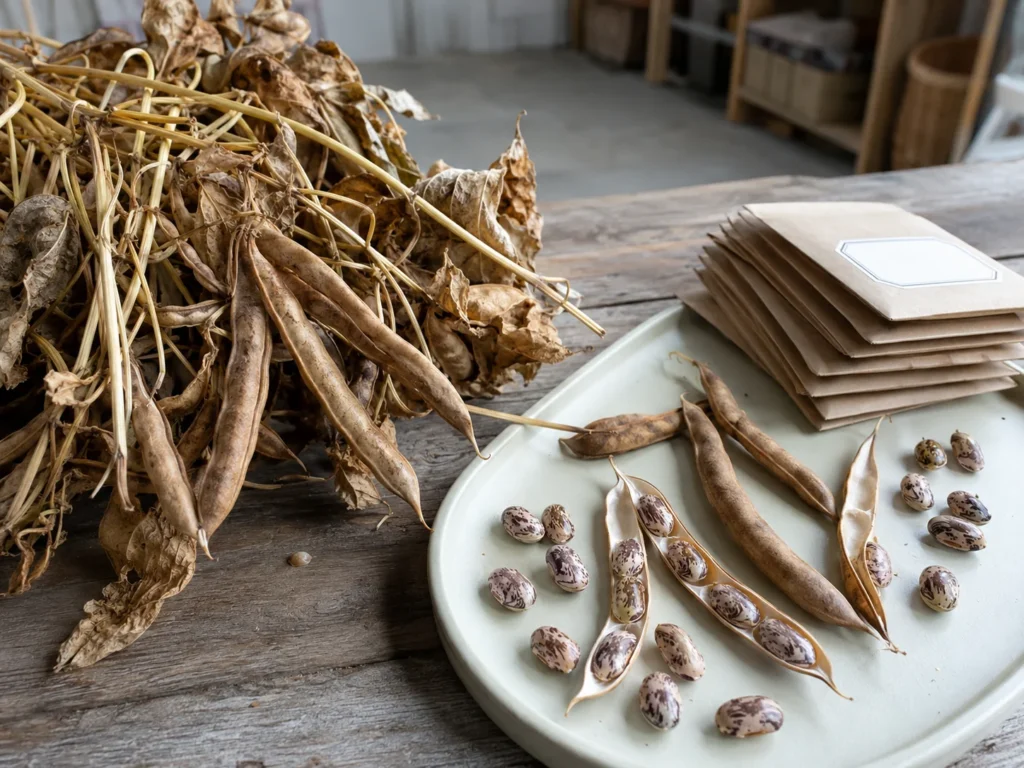 Mature bean seeds removed from dry pods and prepared for storage in paper envelopes.