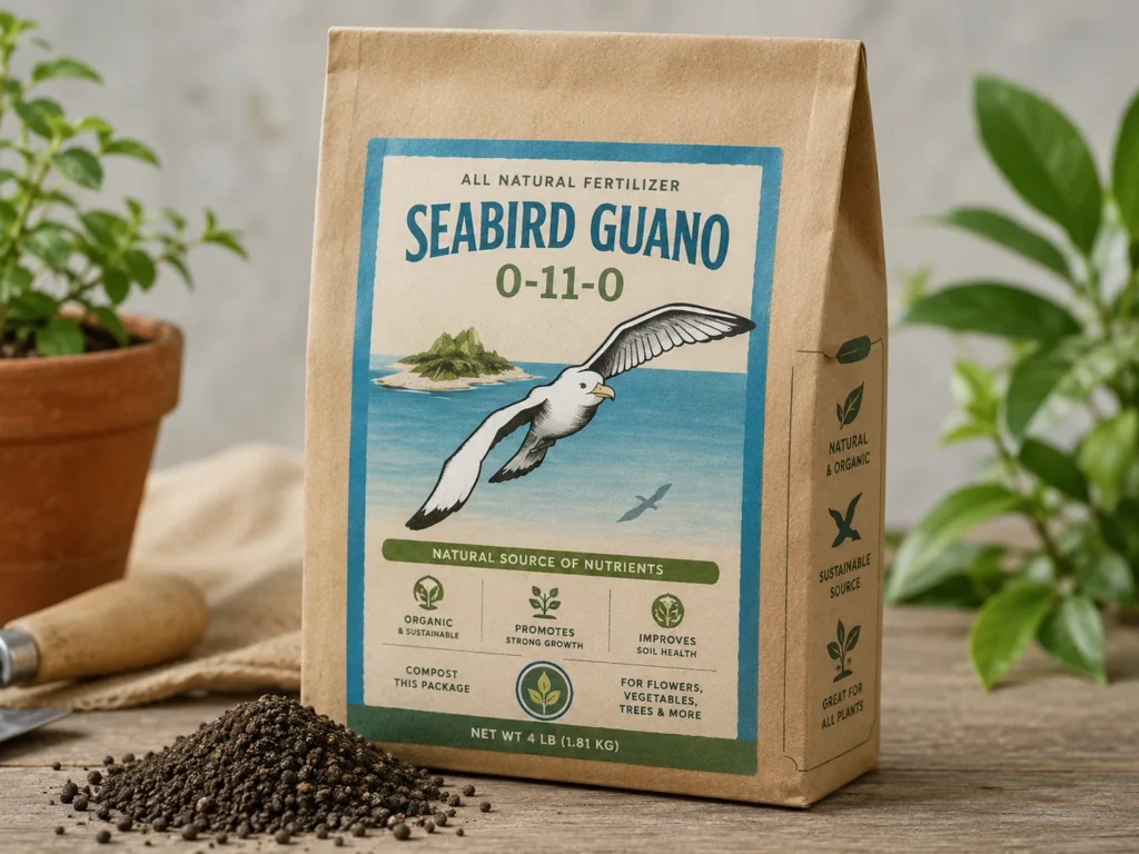 Seabird guano fertilizer in kraft packaging with dark granules, showing one of the phosphorus-rich organic fertilizer types used in gardens.