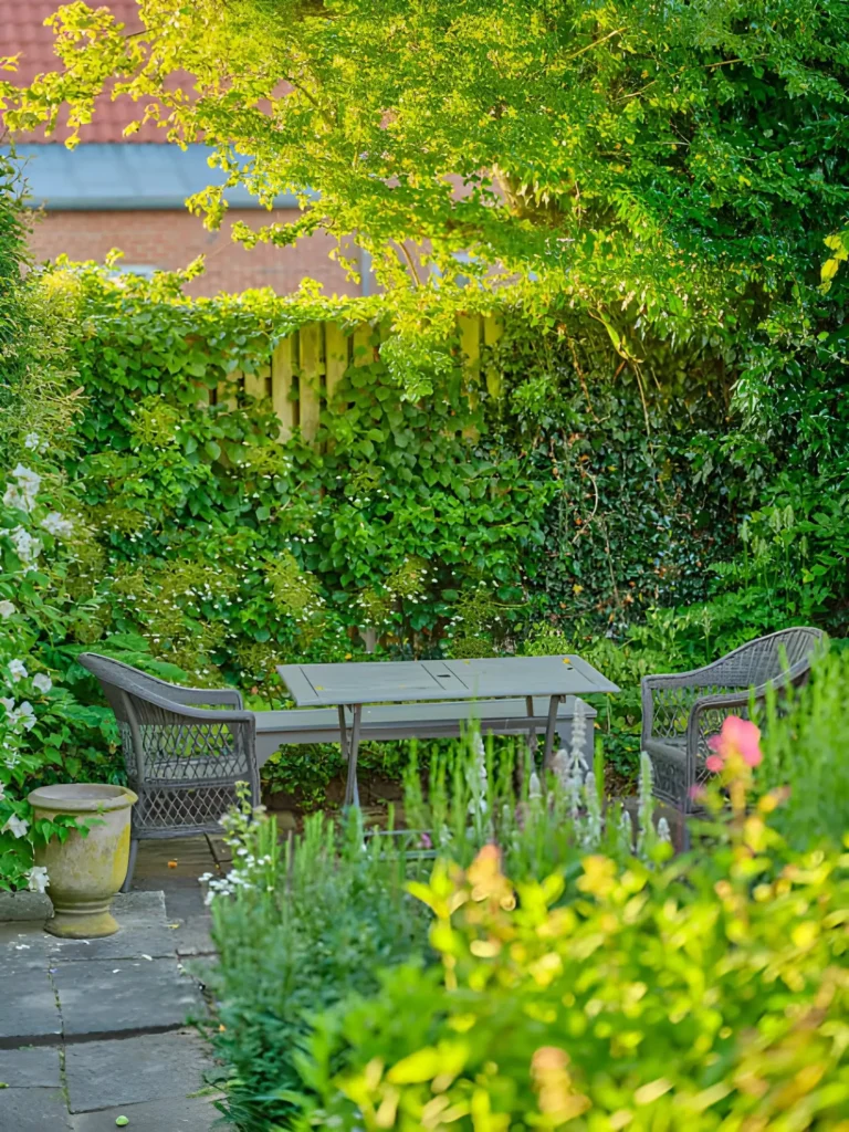Secluded small backyard seating area with a simple table and chairs surrounded by layered greenery, climbing plants, and a stone garden path.