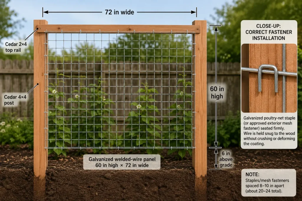 Galvanized welded-wire mesh fastened evenly to a cedar trellis frame