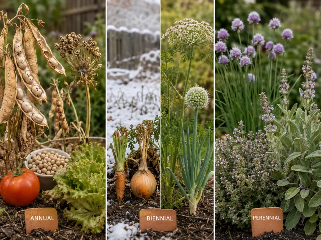 Seed saving for beginners infographic comparing annual, biennial, and perennial seed crops in the garden