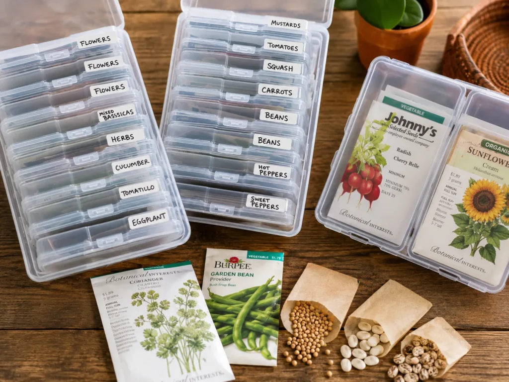 Seed saving for beginners showing labeled seed storage boxes, garden seed packets, and sorted vegetable seeds