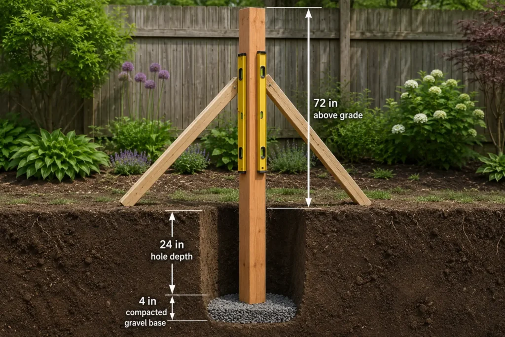 First cedar trellis post braced plumb above a compacted gravel base