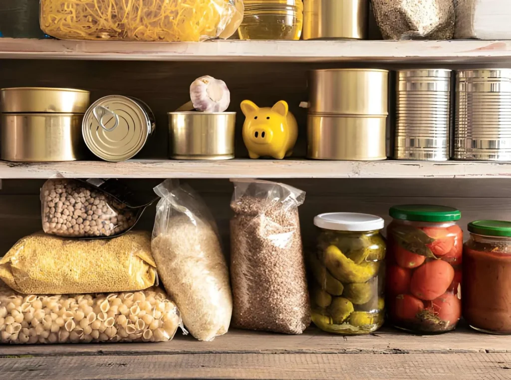 Pantry shelves stocked with canned foods, grains, pasta, beans, and preserved vegetables for a homestead storm and power-outage emergency kit.