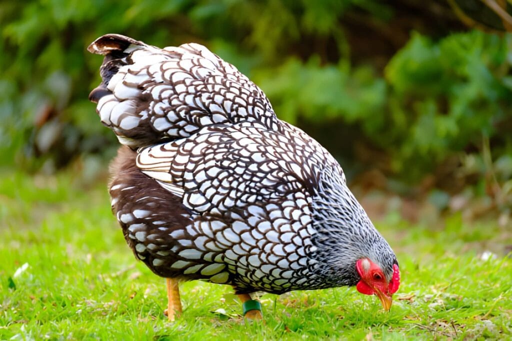 Silver Laced Wyandotte-style hen foraging in green backyard grass, showing black and white laced feathers, a red comb, and a beginner-friendly backyard chicken setting.
