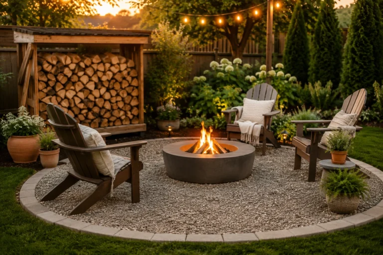 Simple gravel fire pit area with fire pit bowl, outdoor chairs, firewood rack, paver edging, and warm backyard lighting.