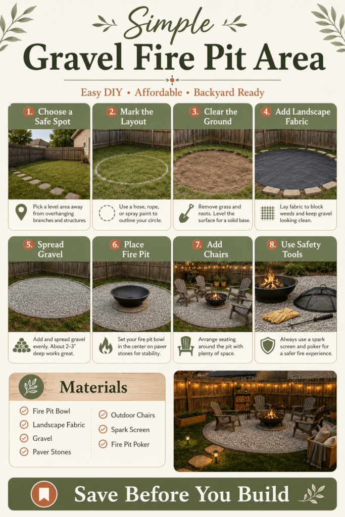 Pinterest infographic showing materials and steps for building a simple gravel fire pit area on a budget.