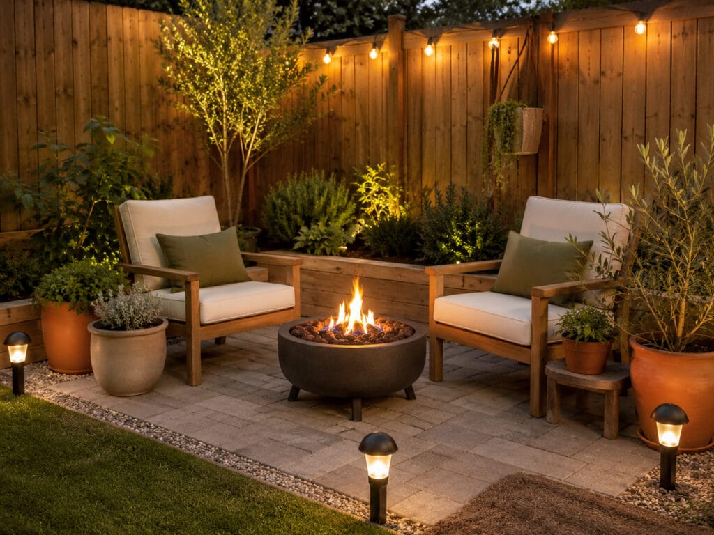 Small backyard fire pit corner with compact seating, pavers, plants, and cozy lighting.