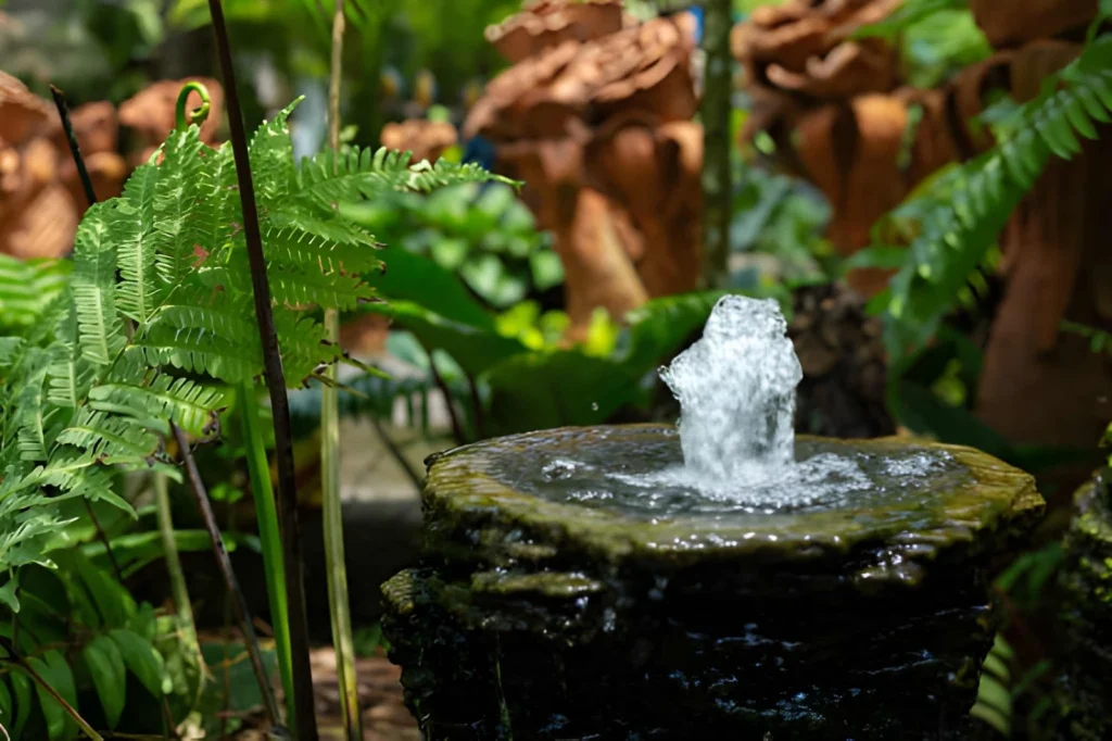 Compact stone fountain surrounded by lush ferns and tropical greenery, creating a peaceful water feature in a small backyard garden oasis.