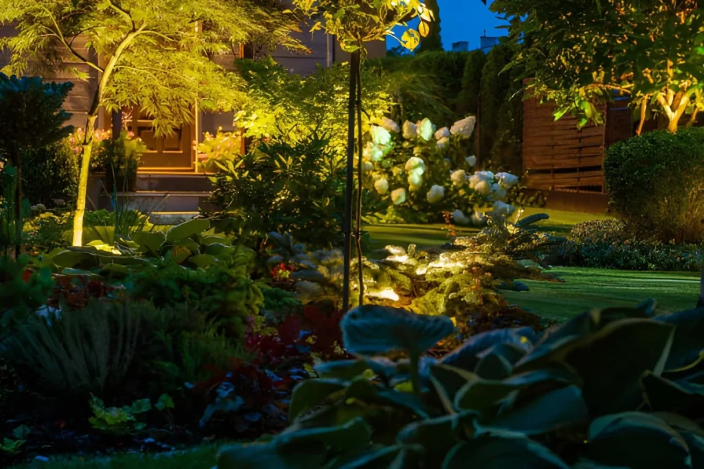Small backyard garden illuminated with warm landscape lighting around trees, flowering shrubs, rocks, and layered greenery to create a peaceful evening oasis.